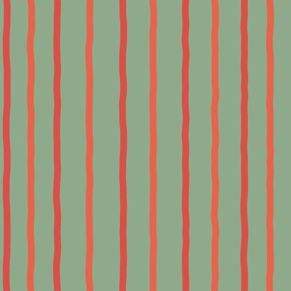 Green and Red Striped Wallpaper Pattern – Earlham – Celadon, Sedona, Bright Brick