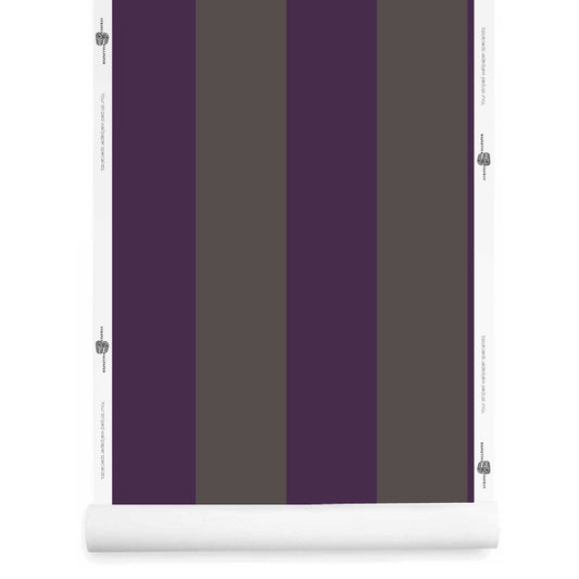 Grey and purple striped wallpaper with wide vertical stripes roll – Emerson Aubergine Plumbed