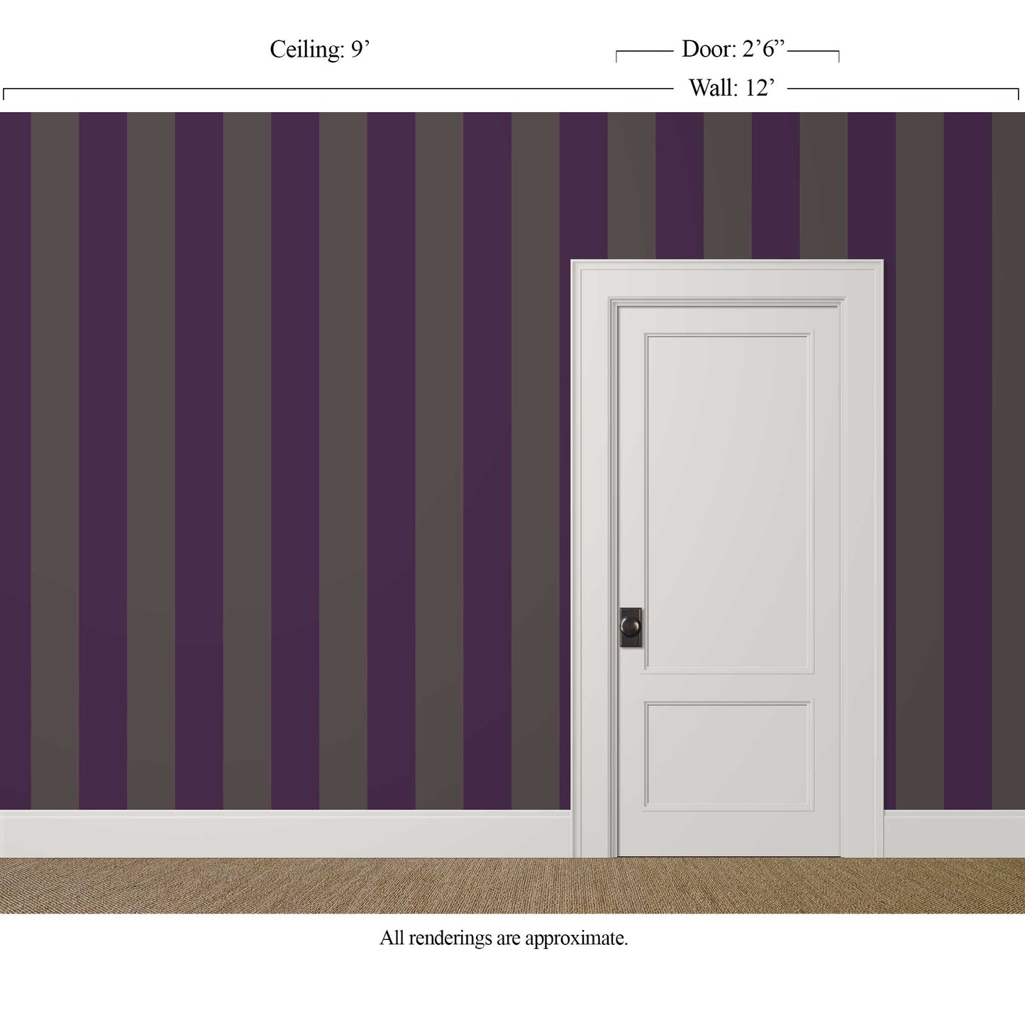 Wide grey and purple striped wallpaper in a calm interior with classic door trim