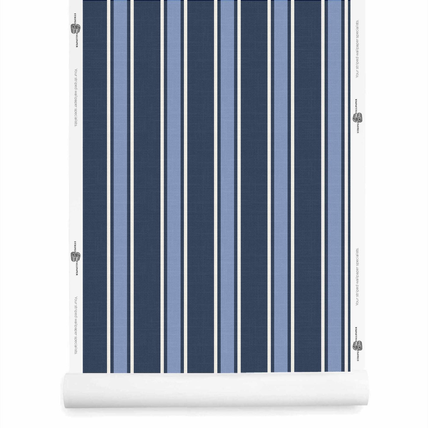 Heritage navy blue striped wallpaper roll with linen finish