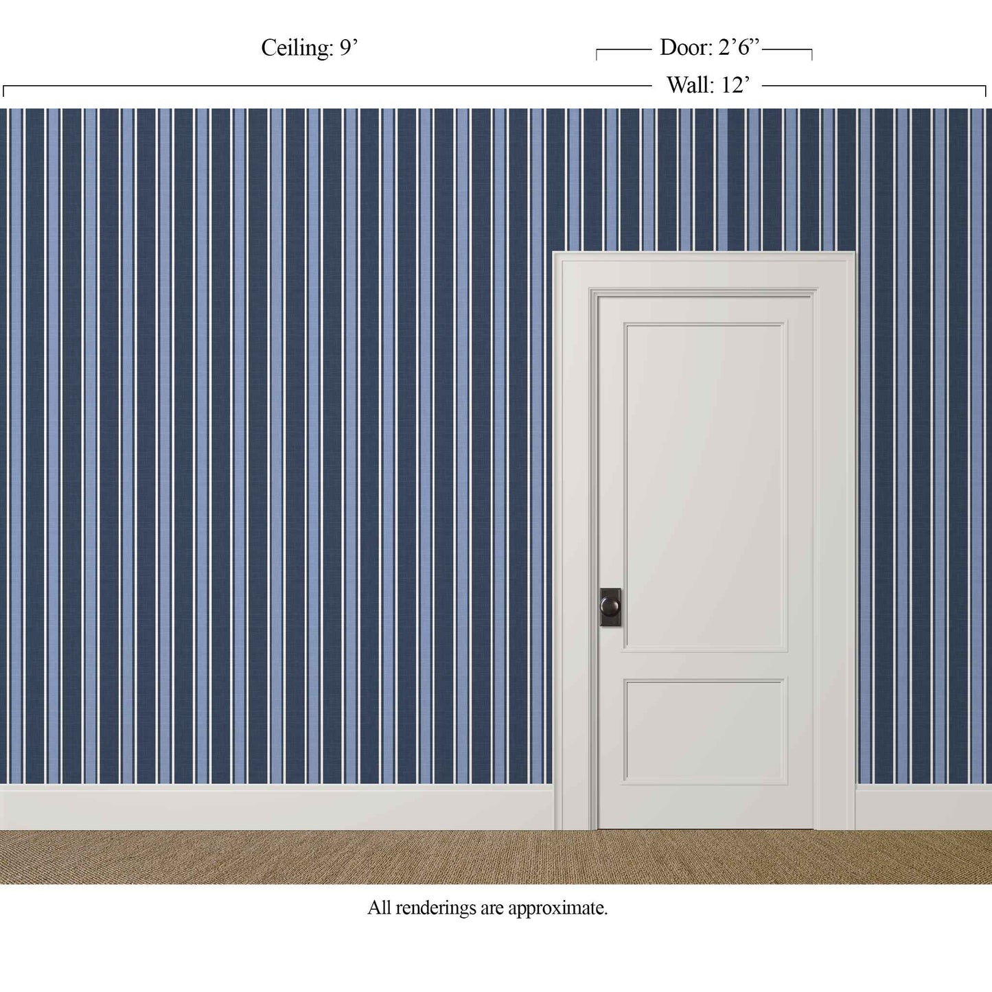 navy blue striped wallpaper with linen texture in a refined, collected interior