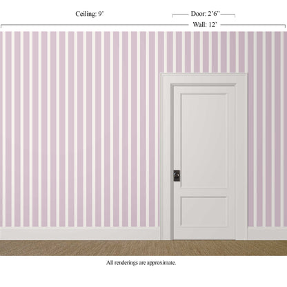Lilac striped wallpaper with ivory stripes in a bright, calm interior with classic door trim
