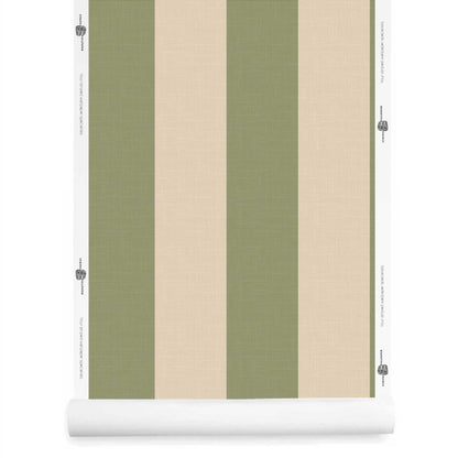 A roll of wide khaki striped wallpaper with linen finish