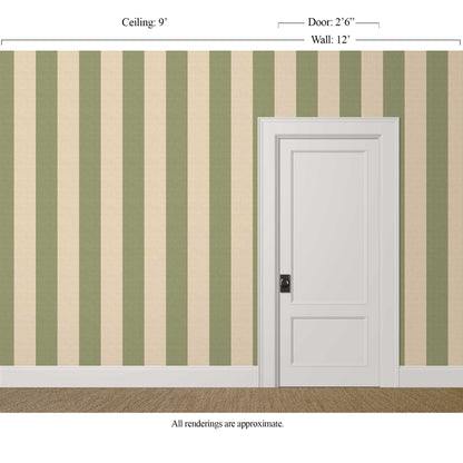 Wide khaki striped wallpaper in a room with white trim