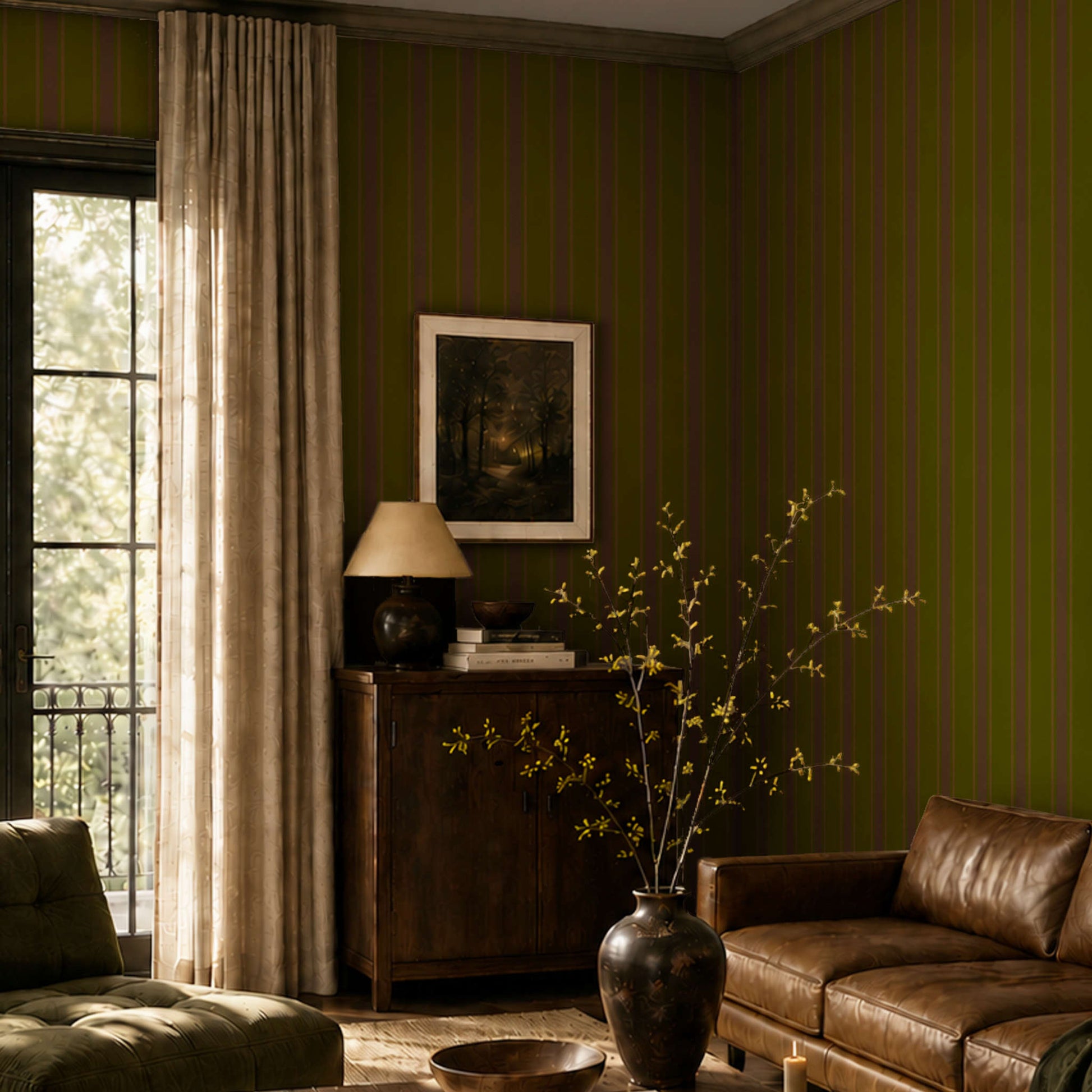 A styled living room featuring olive green and brown striped wallpaper, a brown leather sofa, a dark wood cabinet with a table lamp, and a large vase with yellow blossoms.