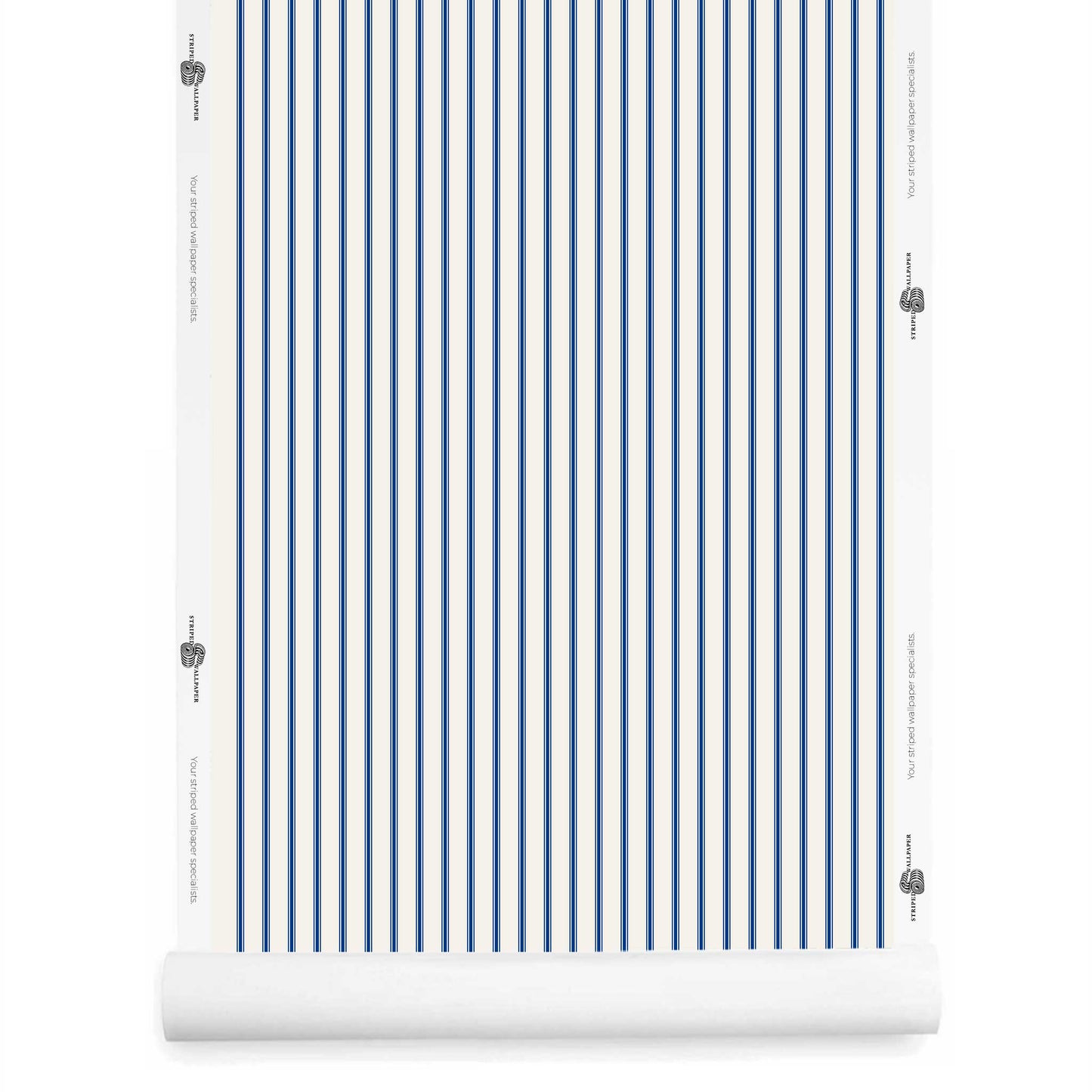 Cobalt blue ticking stripe wallpaper roll with fine vertical pattern