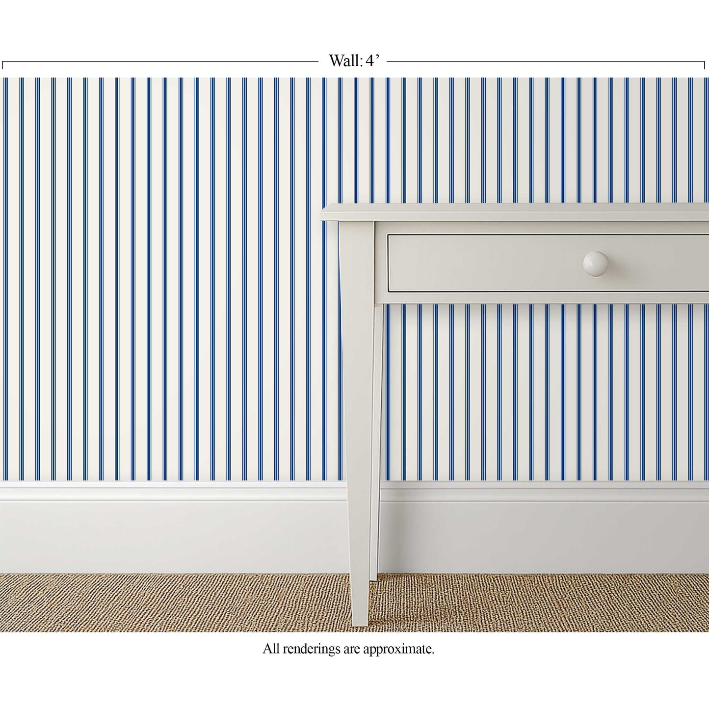 Cobalt blue and ivory ticking stripe wallpaper in a calm, transitional interior