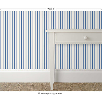 Cobalt blue and ivory ticking stripe wallpaper in a calm, transitional interior