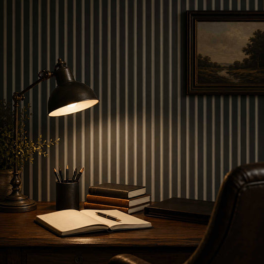 Dark-themed office with black and cream ticking stripe wallpaper, a desk with lamp, books, and open notebook.