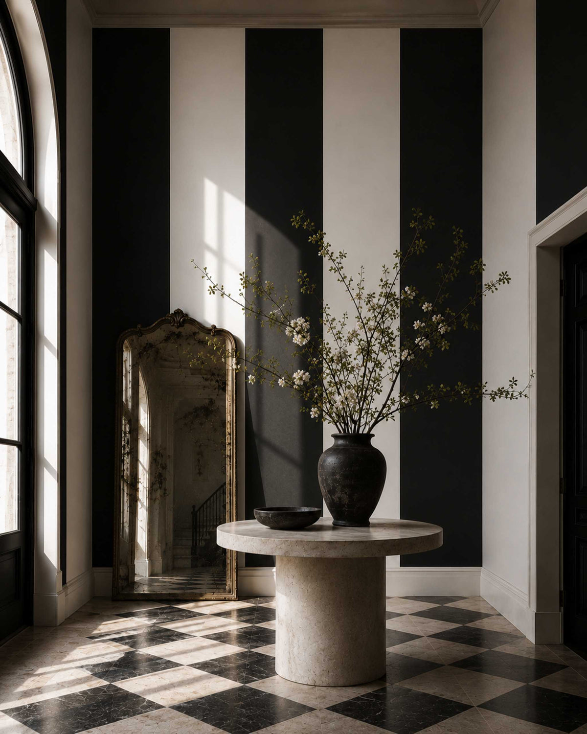 Grand entryway with extra wide black and white striped wallpaper, checkered floors, a stone table with a vase of cherry branches, and decorative mirror.