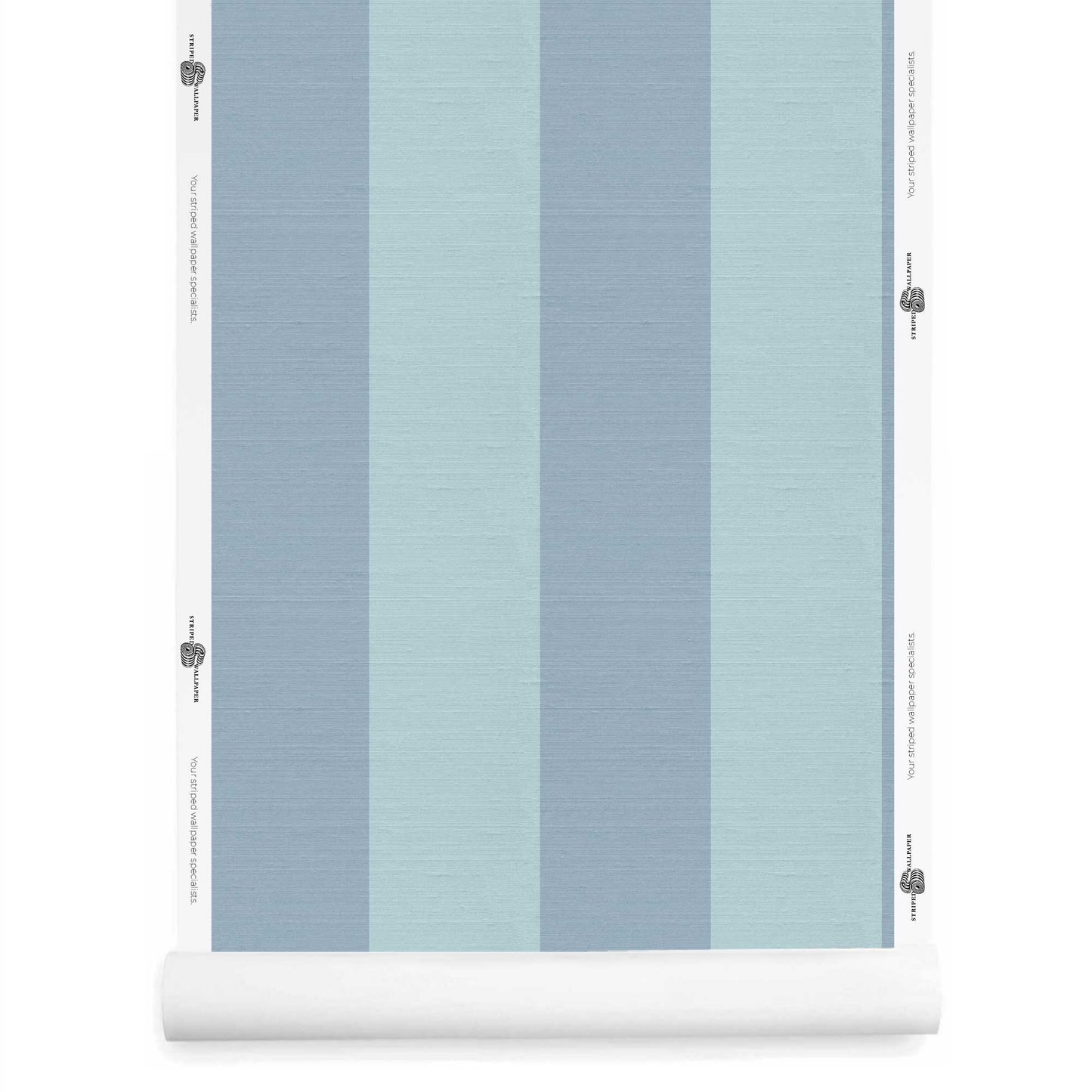 Light blue striped wallpaper roll with silk-inspired finish