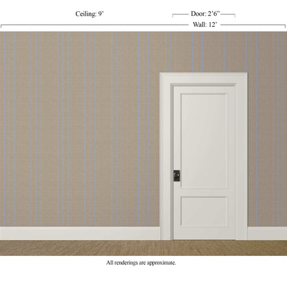 Light brown and blue pinstripe wallpaper with linen finish in a calm primary bedroom