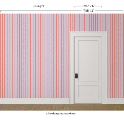 Light purple and pink wavy striped wallpaper in an art-filled sitting room