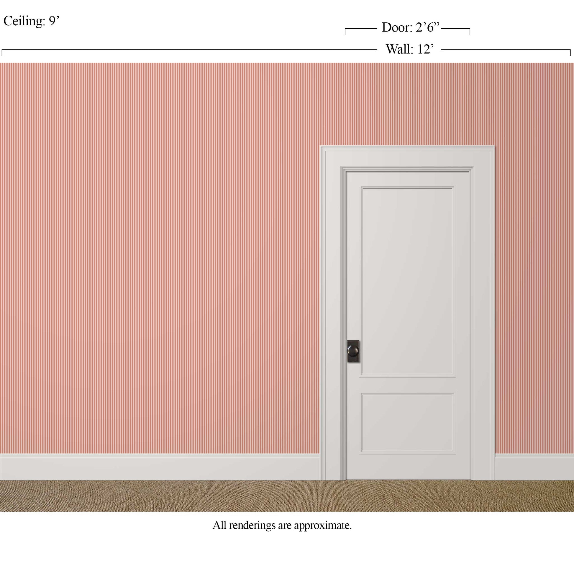 Light red and beige pencil stripe wallpaper in a traditional guest bedroom