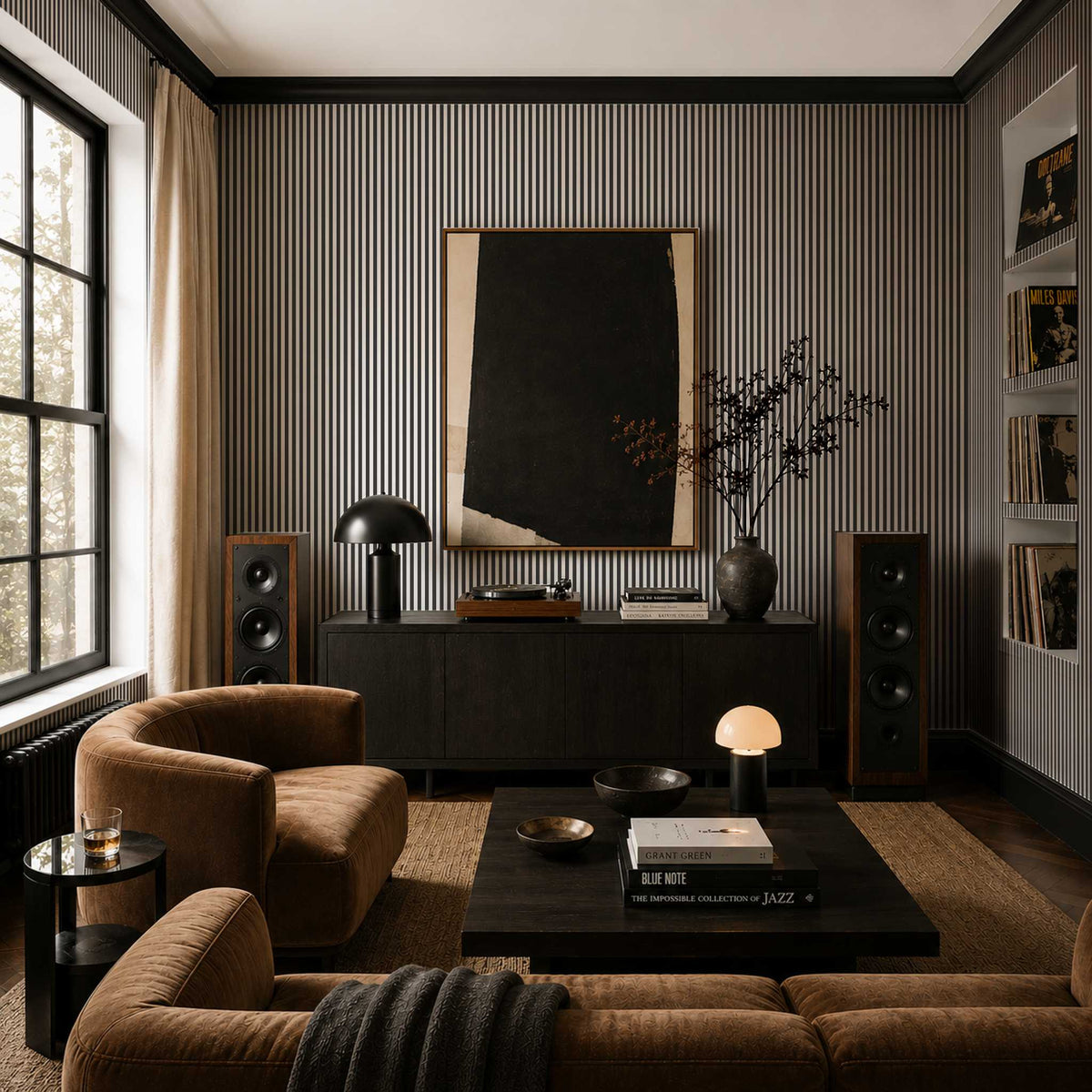 Modern listening room with black and white thin striped wallpaper, brown furniture, and a record player with records.