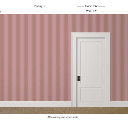 mauve striped wallpaper in a kitchen with walnut table and stone surfaces