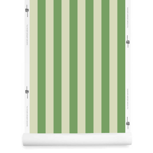 Moss green classic striped wallpaper roll – Athens pattern in moss and pale green