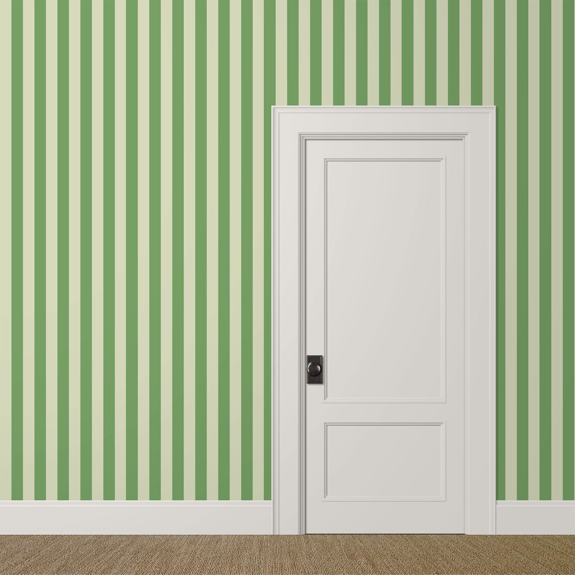 Moss green striped wallpaper with alternating light and bright green stripes in a bright kids bedroom interior