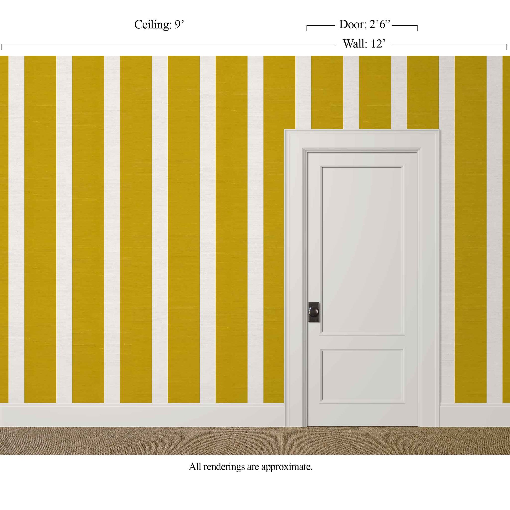 Large-scale mustard and ivory striped wallpaper with silk finish in a formal dining room