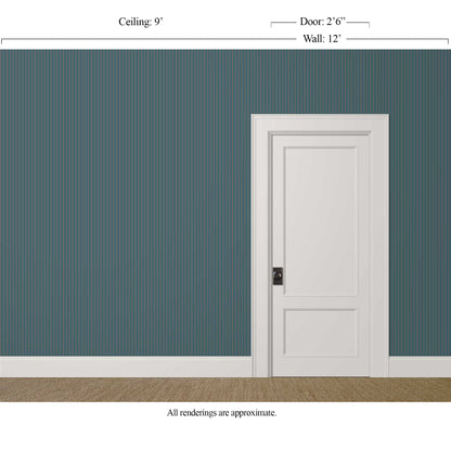 Narrow blue and grey striped wallpaper in a refined study or library