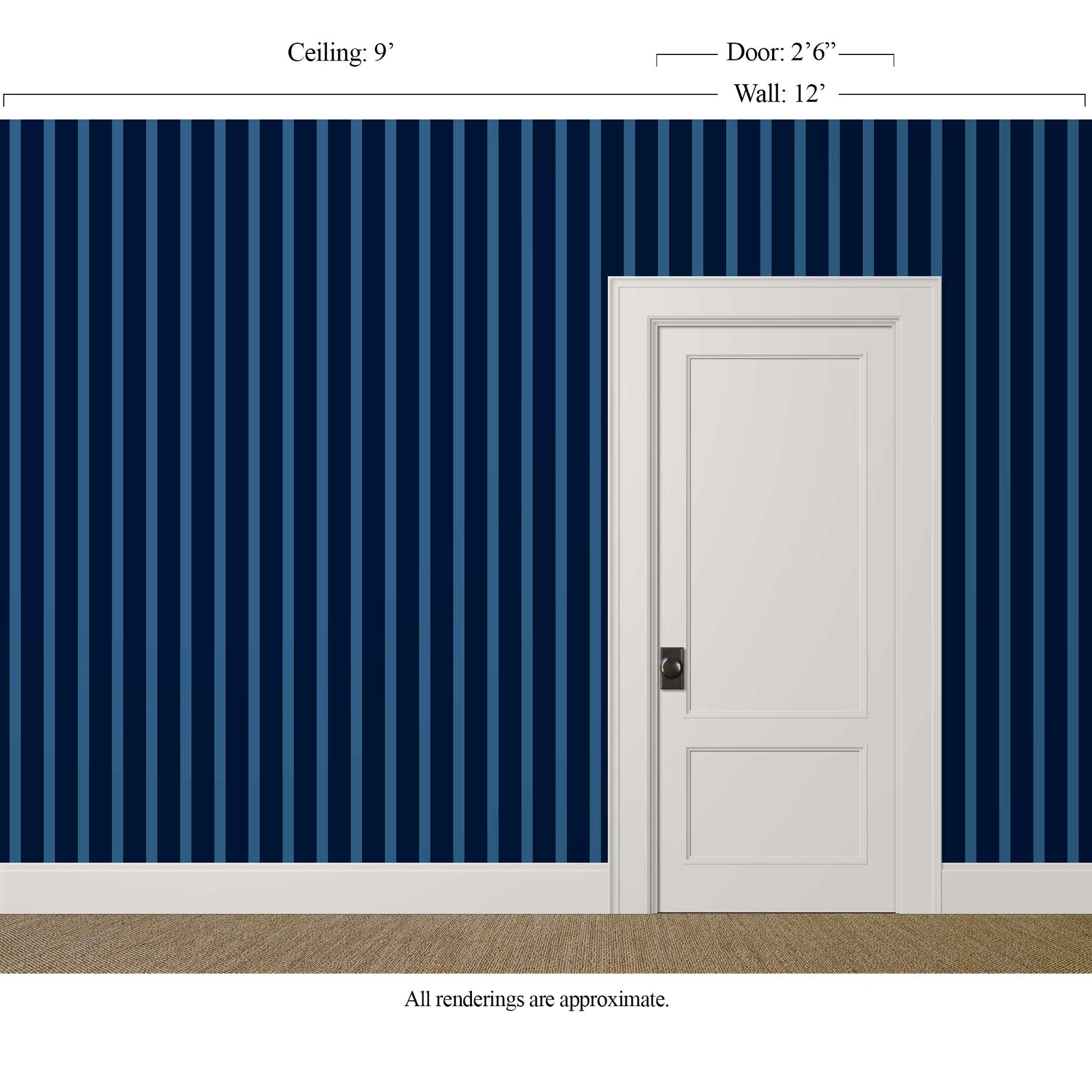 Slim-scale uneven navy striped wallpaper with sapphire lines in a moody modern study