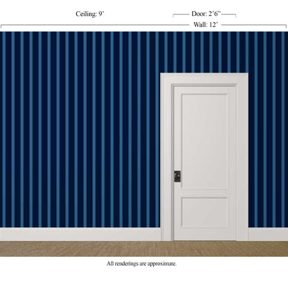 Slim-scale uneven navy striped wallpaper with sapphire lines in a moody modern study