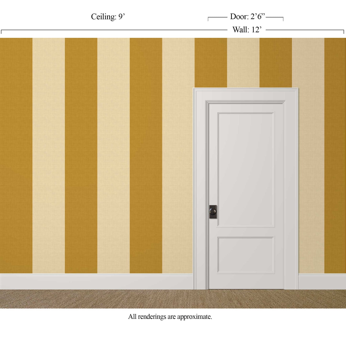 Extra-large-scale ochre and wheat striped wallpaper with linen finish in a grand dining room
