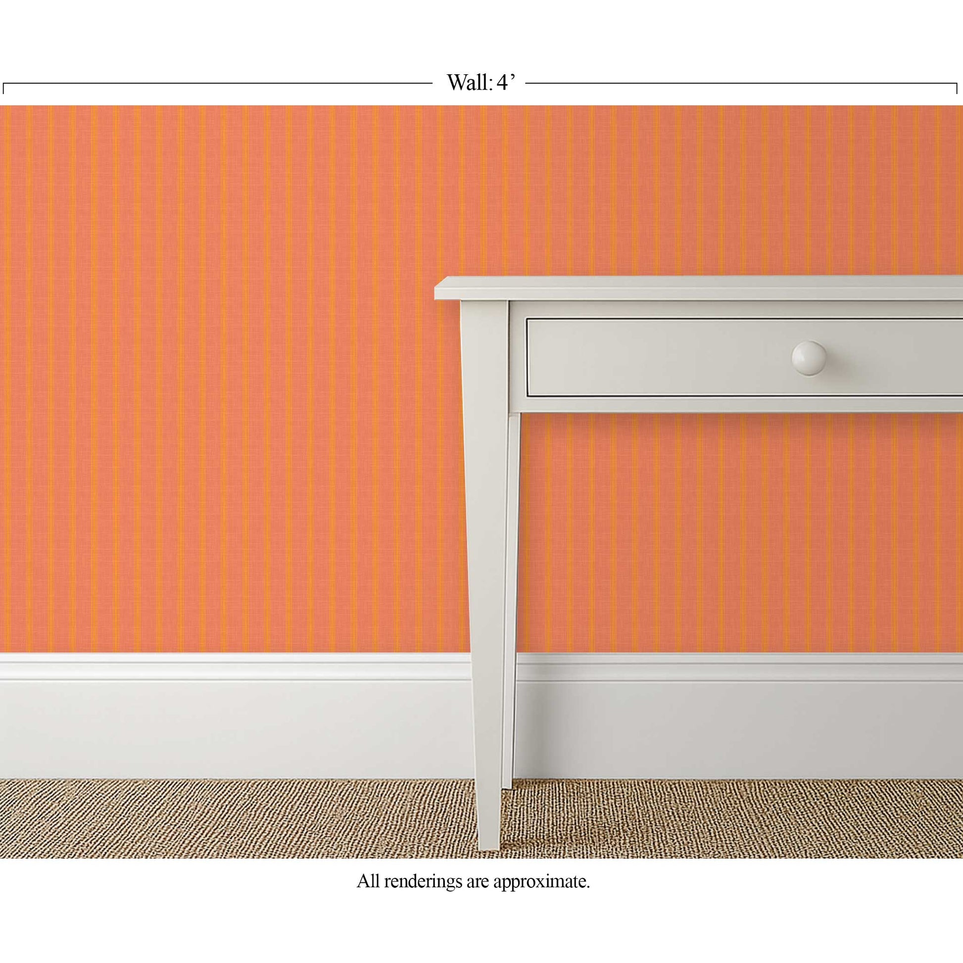 Orange ticking stripe wallpaper with linen finish in a bright hallway with warm white trim