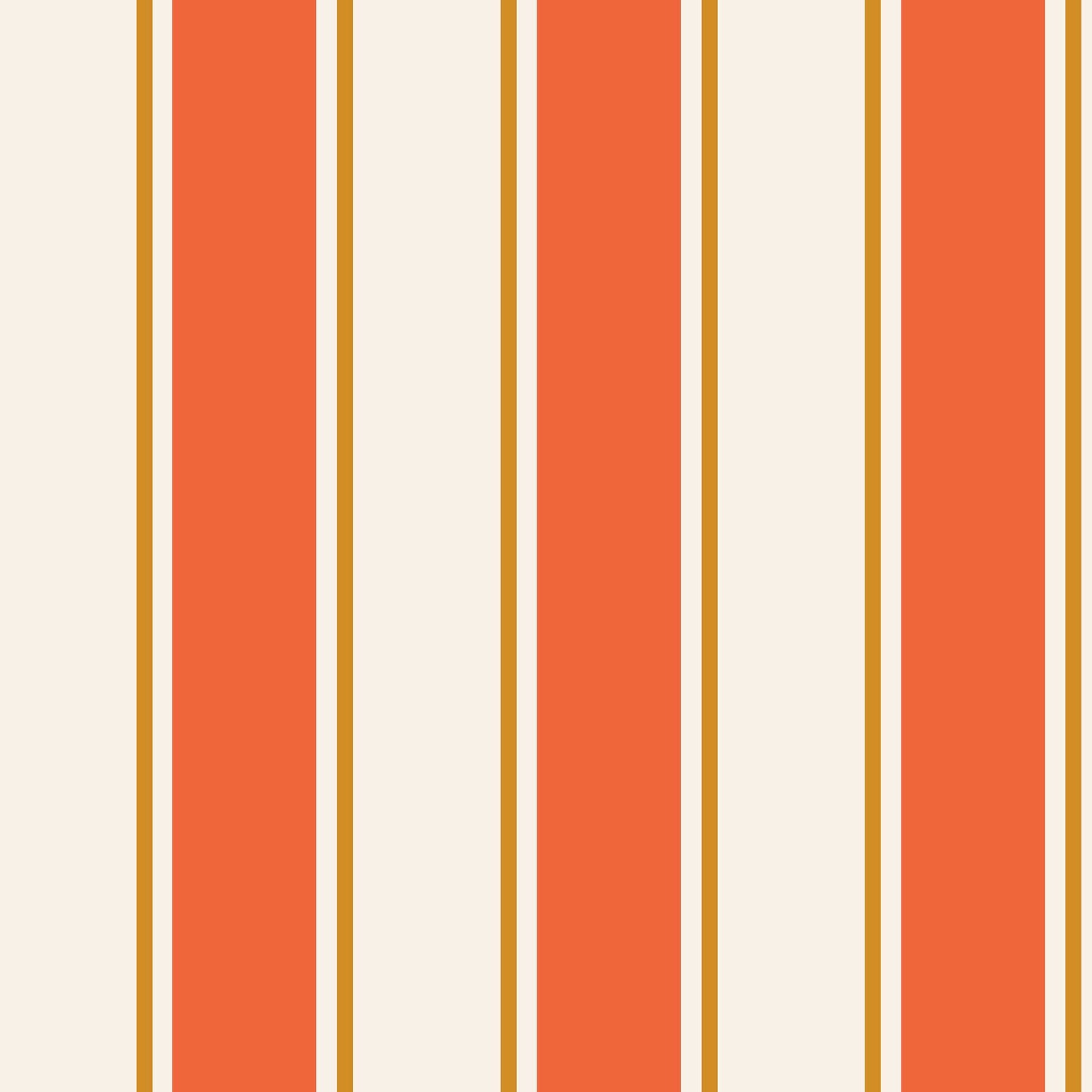 Whitfield wallpaper pattern detail – tangerine orange wide stripes with golden yellow accent lines on warm white