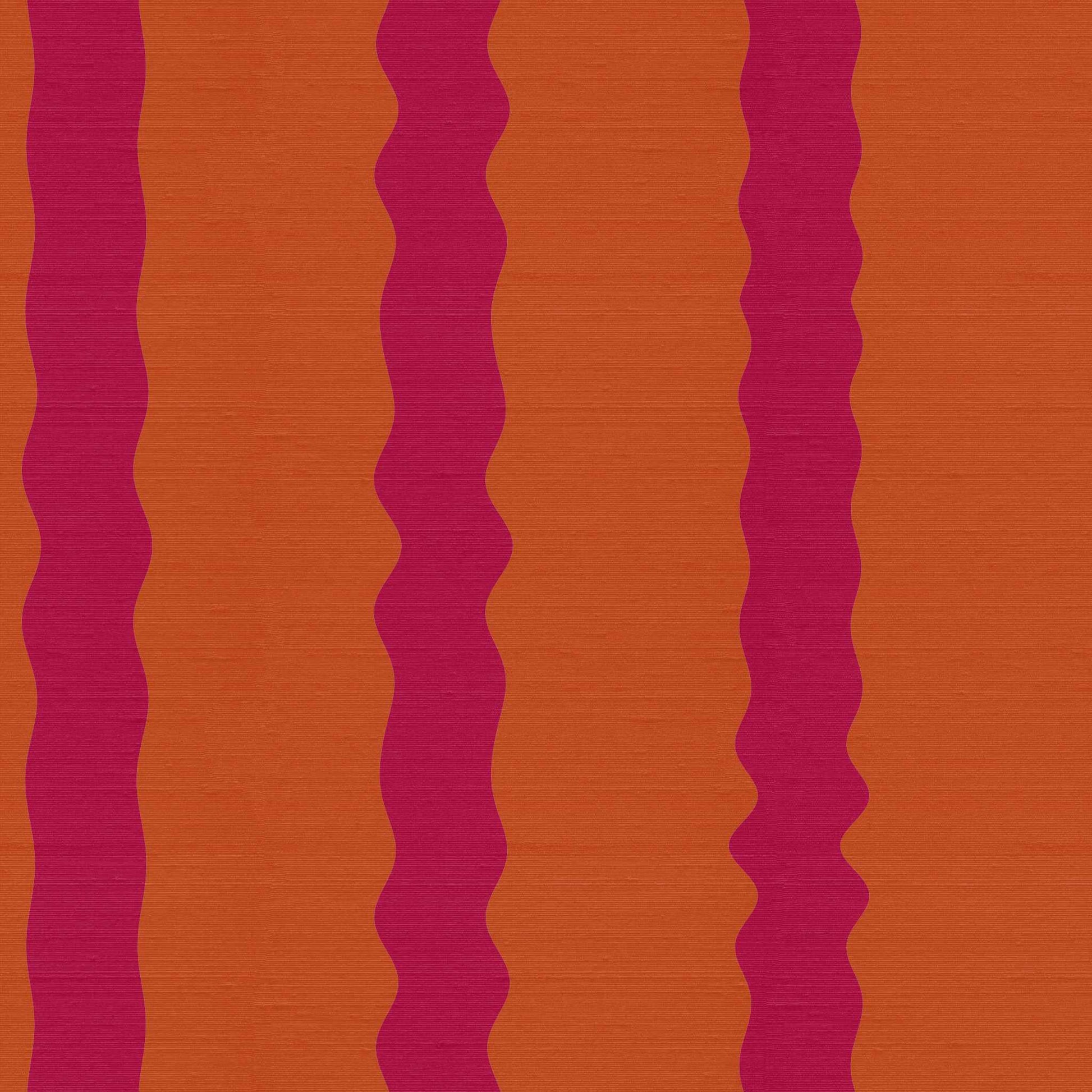 Orange and pink striped wallpaper pattern with silk finish, painterly wavy vertical stripe, Maiden in Persimmon and Crimson Kiss
