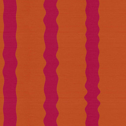 Orange and pink striped wallpaper pattern with silk finish, painterly wavy vertical stripe, Maiden in Persimmon and Crimson Kiss