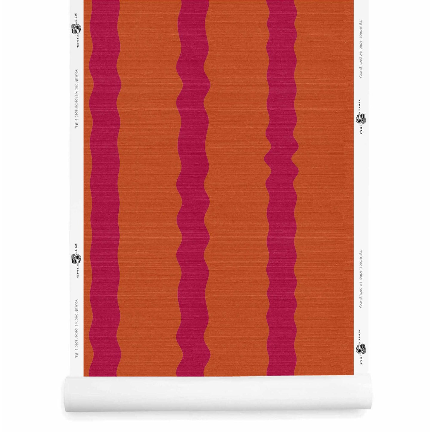 Orange and pink striped wallpaper roll with silk finish, painterly wavy vertical stripe, Maiden Persimmon Crimson Kiss