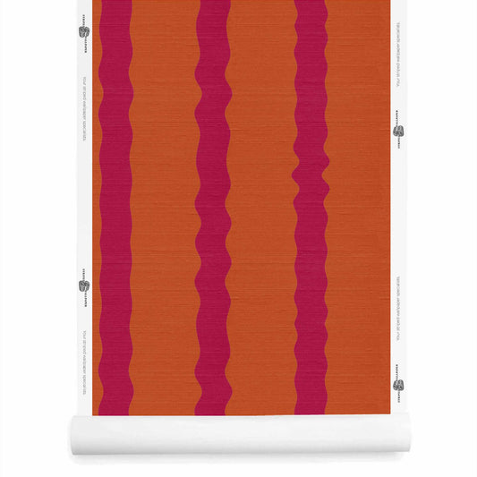 Orange and pink striped wallpaper roll with silk finish, painterly wavy vertical stripe, Maiden Persimmon Crimson Kiss