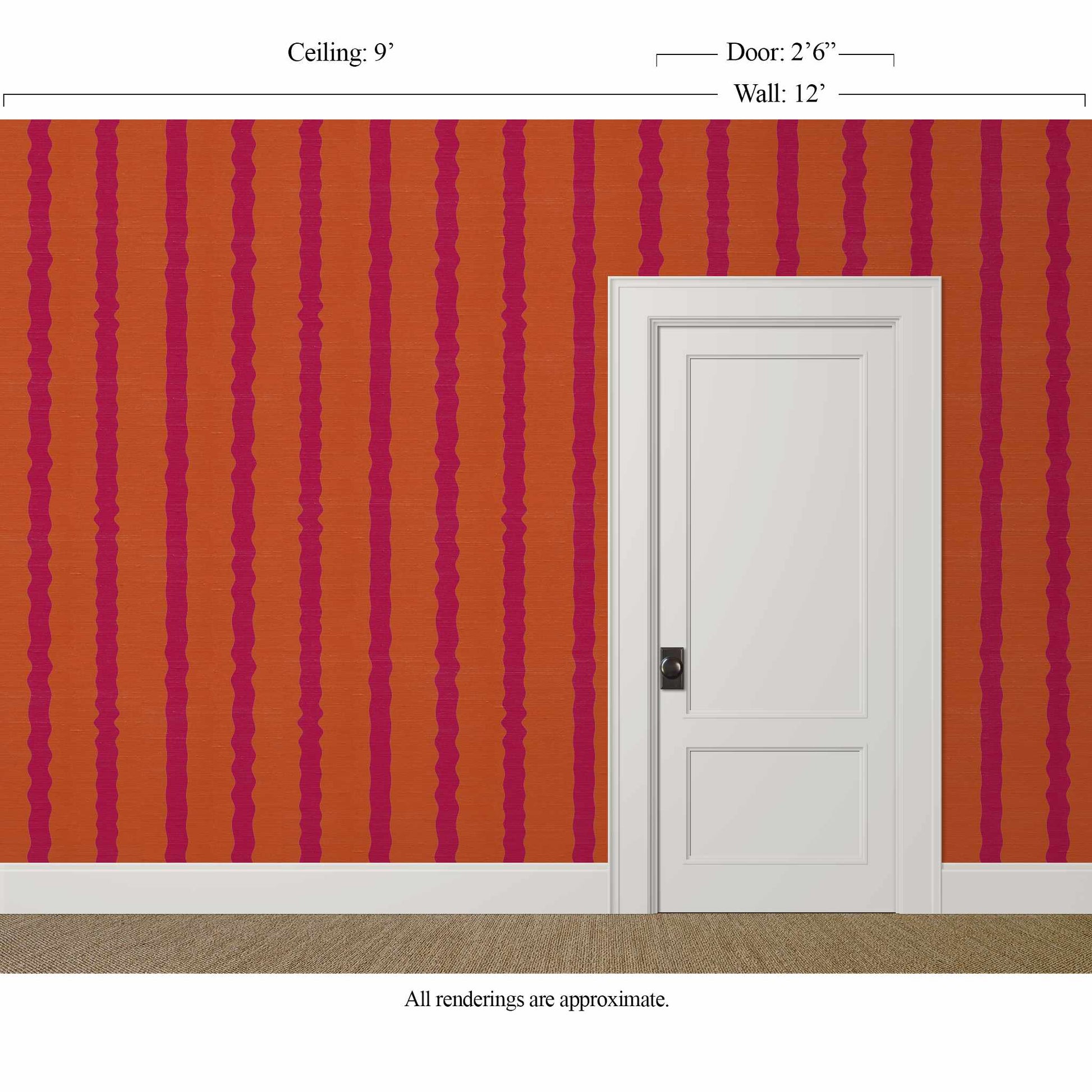 Orange and pink striped wallpaper in a room, painterly wavy stripe with silk finish, bold modern accent wall, Maiden Persimmon Crimson Kiss
