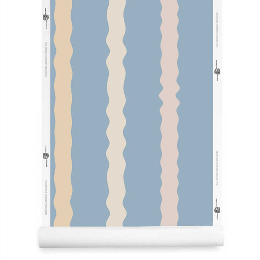 Pale blue and cream wavy striped wallpaper roll – Maiden Stripe