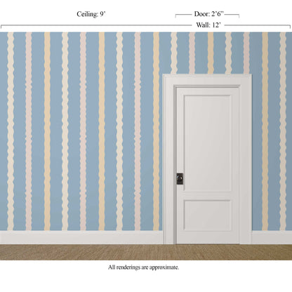 Pale blue wavy striped wallpaper in a light and cheerful guest room