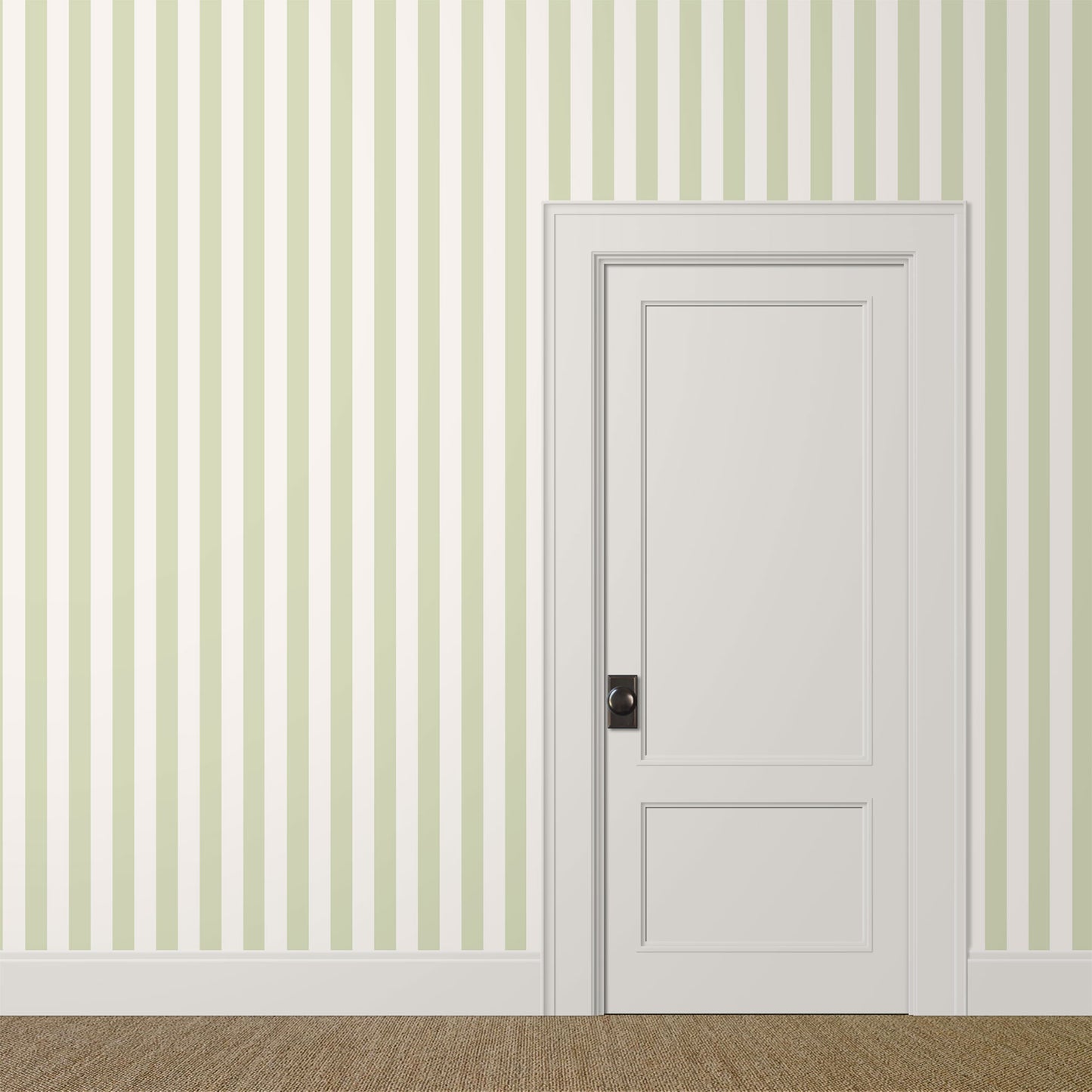 Pale green striped wallpaper with alternating ivory and soft green stripes in a calm, spa-inspired bedroom interior