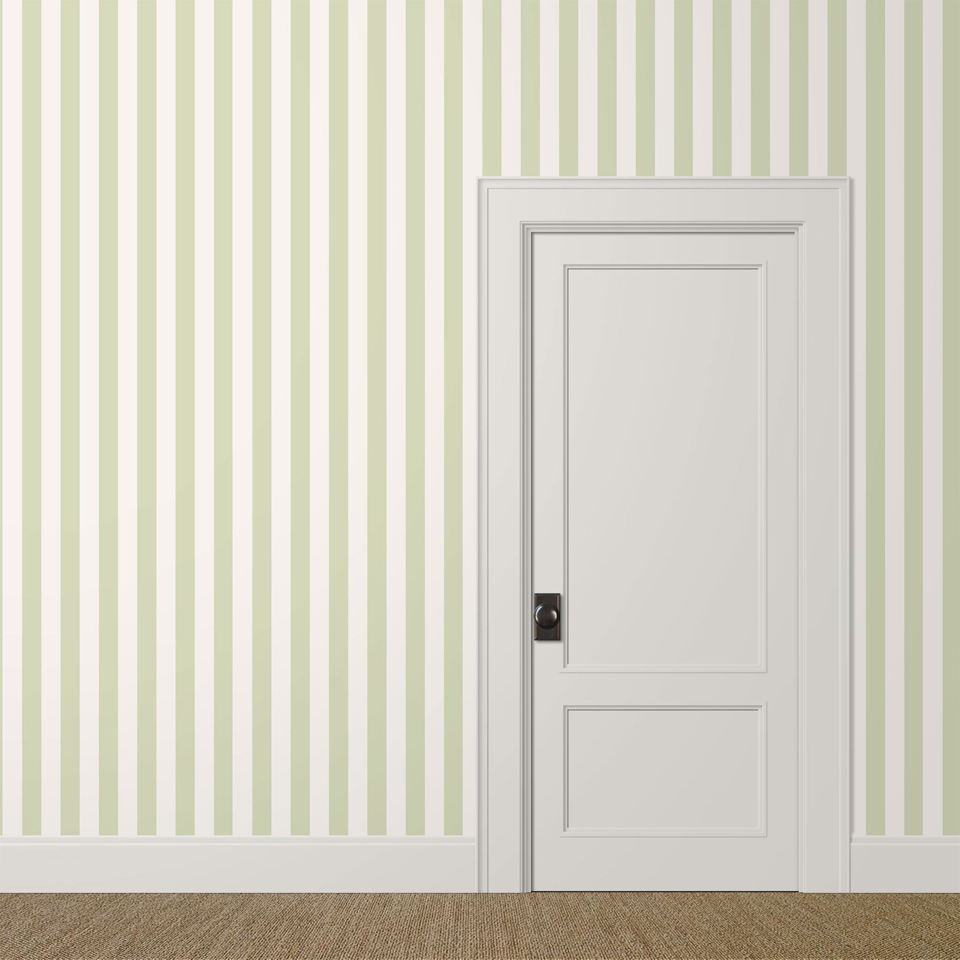 Pale green striped wallpaper with alternating ivory and soft green stripes in a calm, spa-inspired bedroom interior