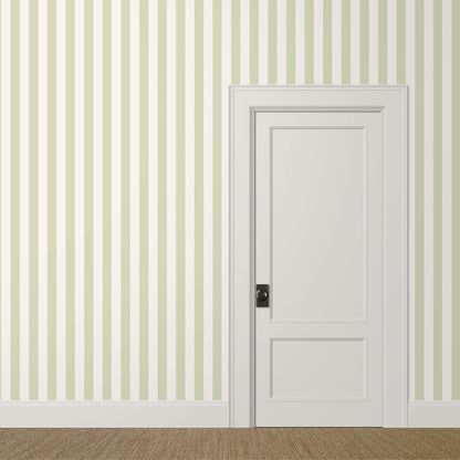 Pale green striped wallpaper with alternating ivory and soft green stripes in a calm, spa-inspired bedroom interior