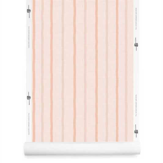 pale pink striped wallpaper roll with linen finish