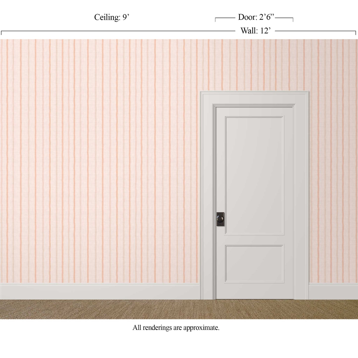 pale pink striped wallpaper in a breakfast nook with painted chairs