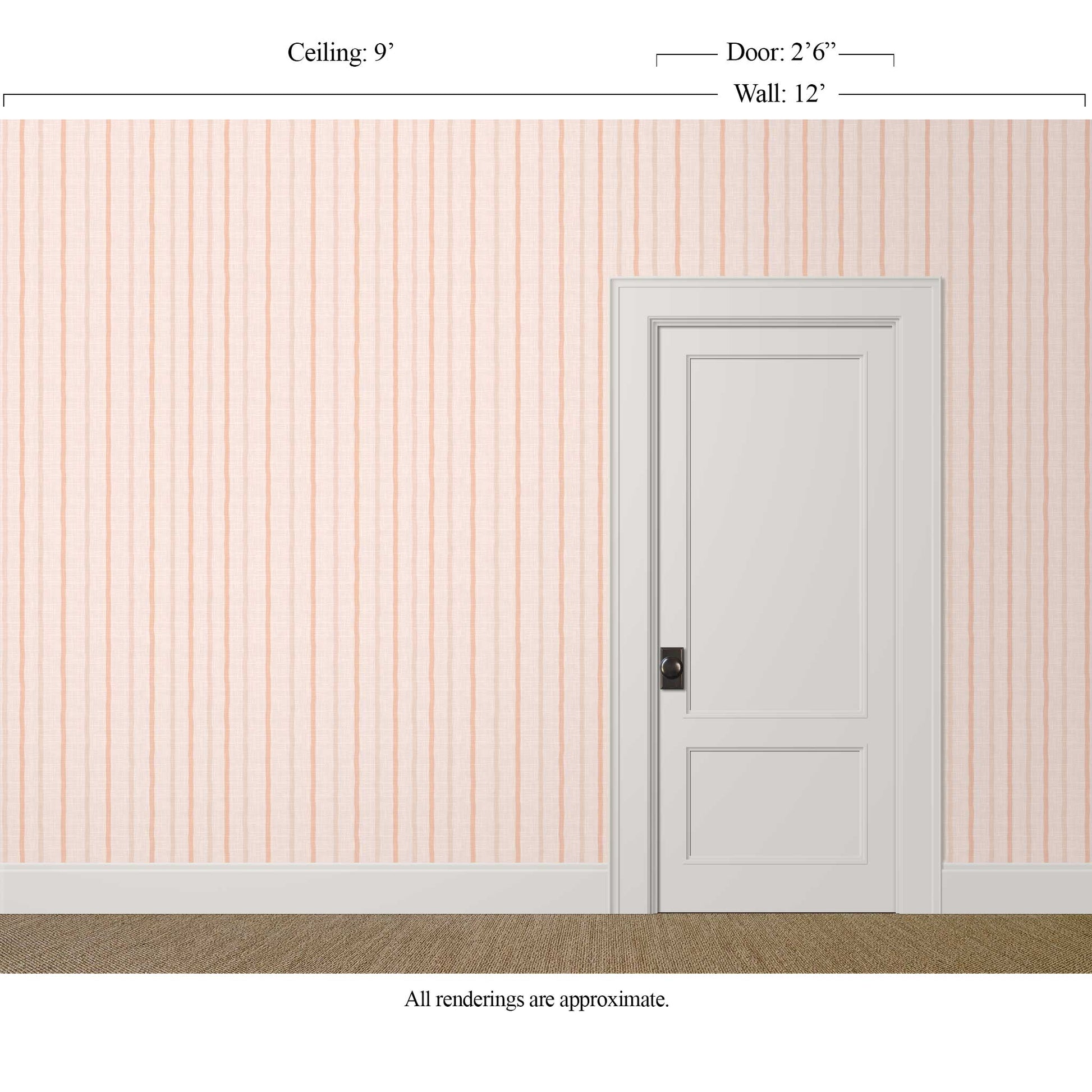 pale pink striped wallpaper in a breakfast nook with painted chairs