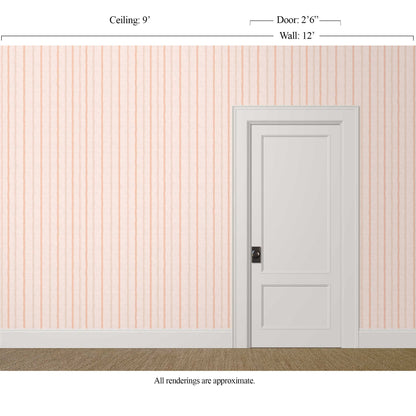 pale pink striped wallpaper in a breakfast nook with painted chairs
