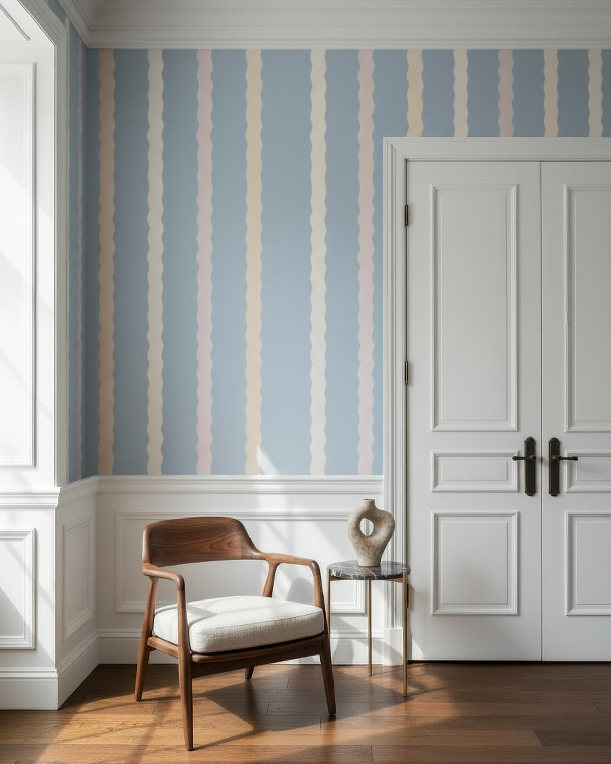 Wavy striped wallpaper pattern in a blue interior with chair and paneled door