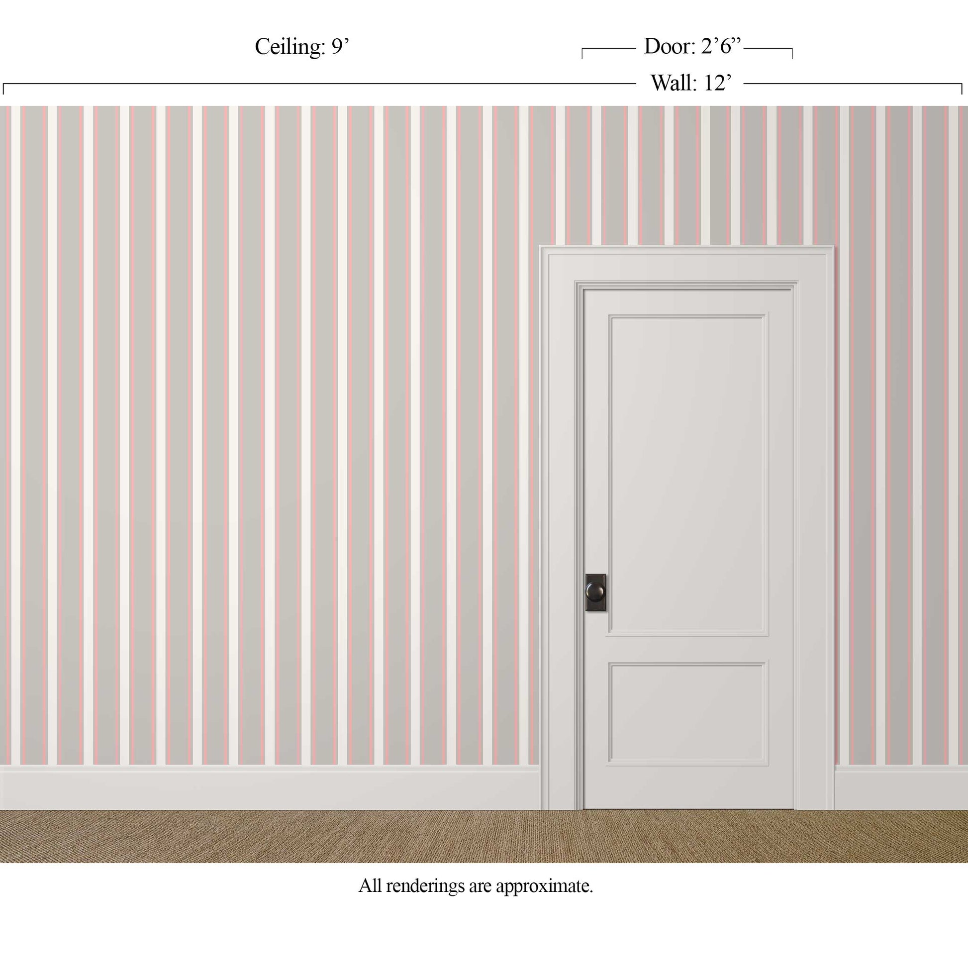 Preppy pink and grey striped wallpaper in a light-filled bedroom interior