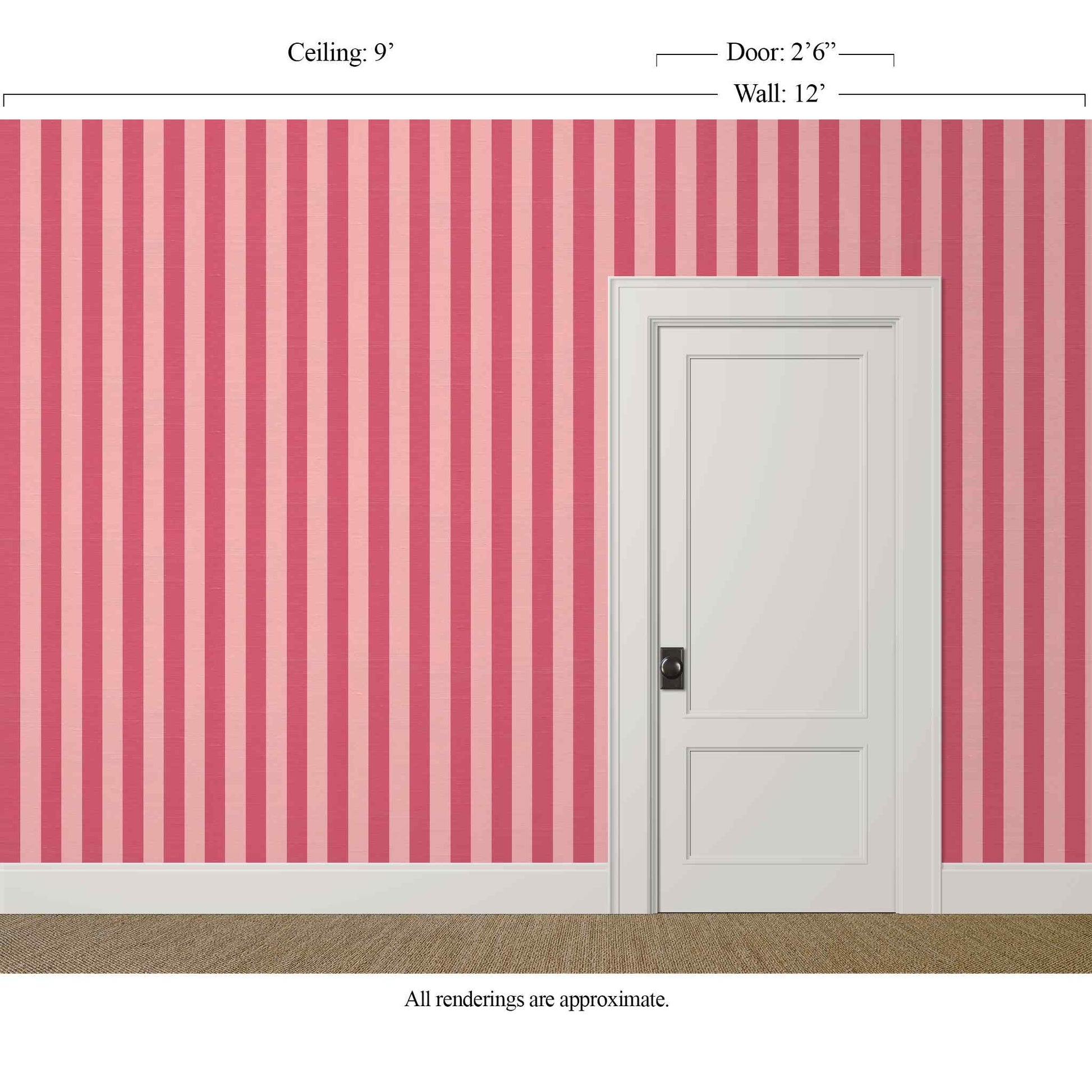 pink stripe wallpaper in a glamorous dressing room with marble sink and white trim