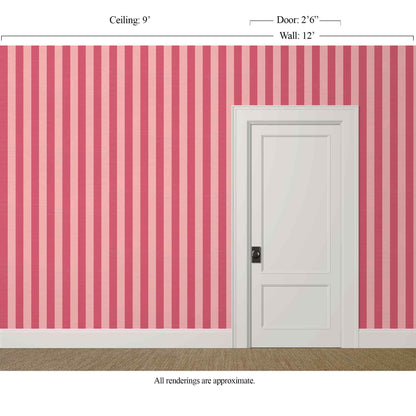 pink stripe wallpaper in a glamorous dressing room with marble sink and white trim