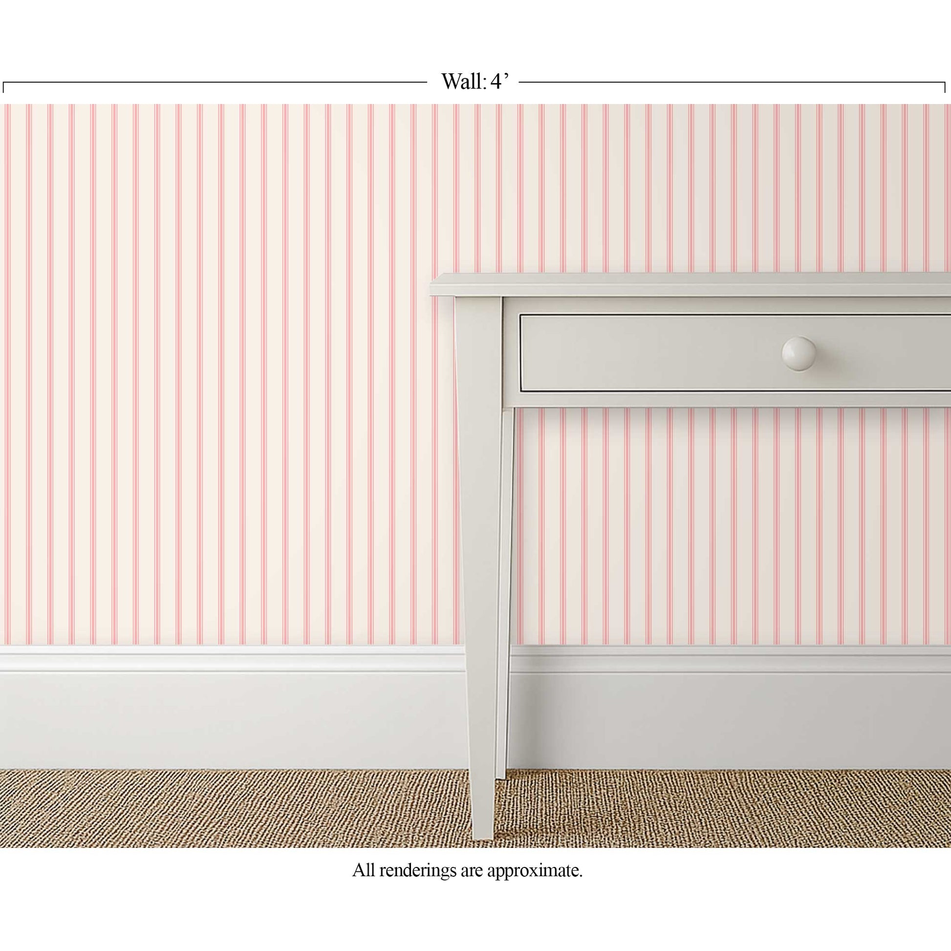 pink ticking stripe wallpaper in a calm laundry room interior