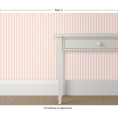 pink ticking stripe wallpaper in a calm laundry room interior