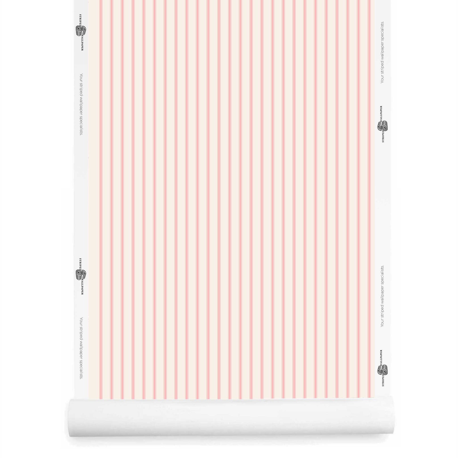 pink ticking stripe wallpaper roll in piglet pink and warm white